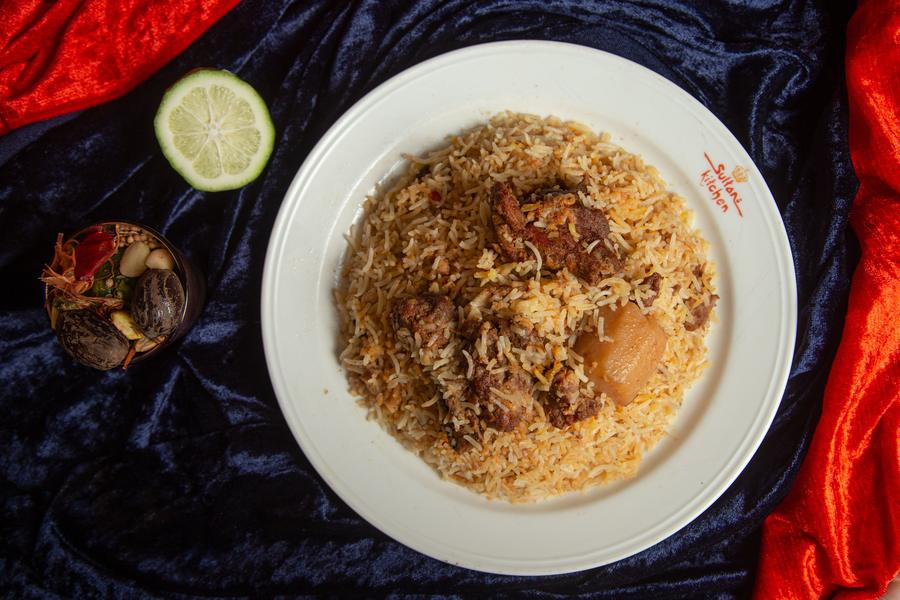 A plate of spiced rice and meat