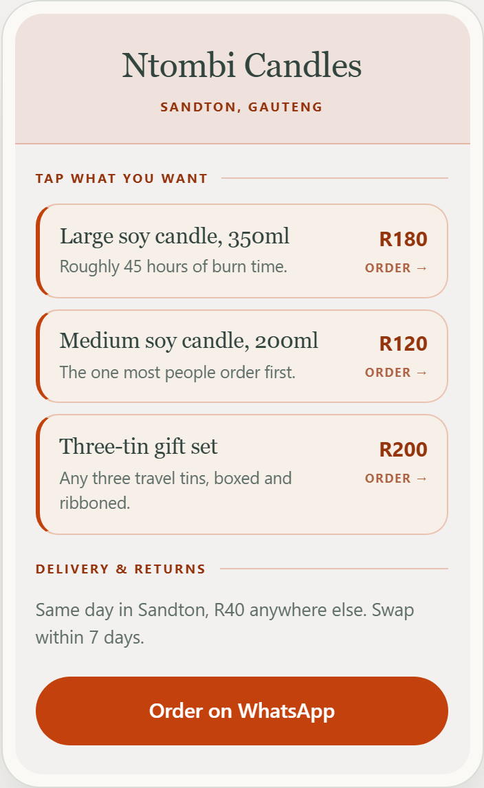 The finished example page for Ntombi Candles on a phone: three items with prices, a delivery line and an Order on WhatsApp button.